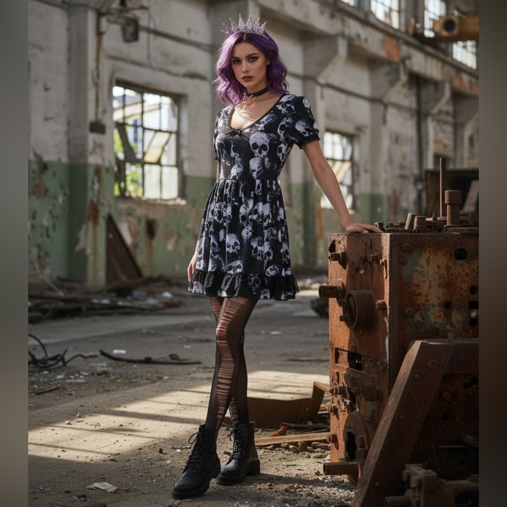 NWT Dolls Kill Widow Wayward Skulls Babydoll Dress w/ Lace Trim Scoop Neckline